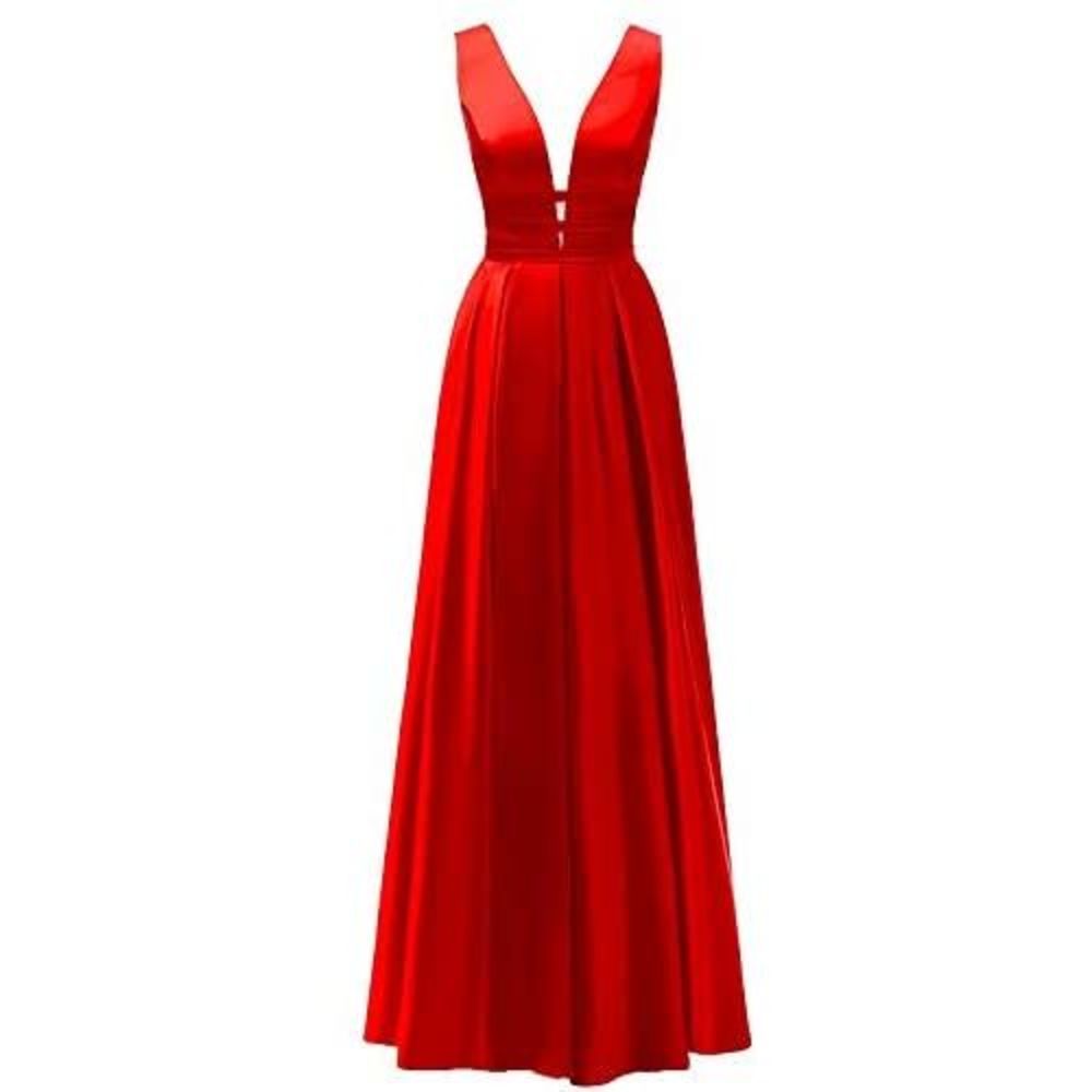 VANLYXCCI Long Satin V-Neck Prom Dresses with Pockets Side Slit Open Back